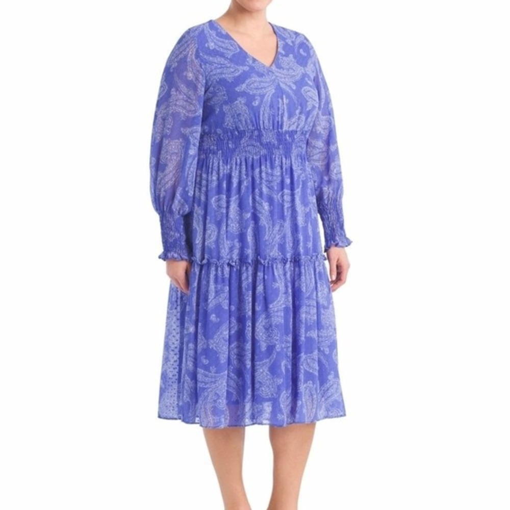 Taylor Blue White Paisley Tiered Ruffle Chiffon Midi dress plus size 24w New
